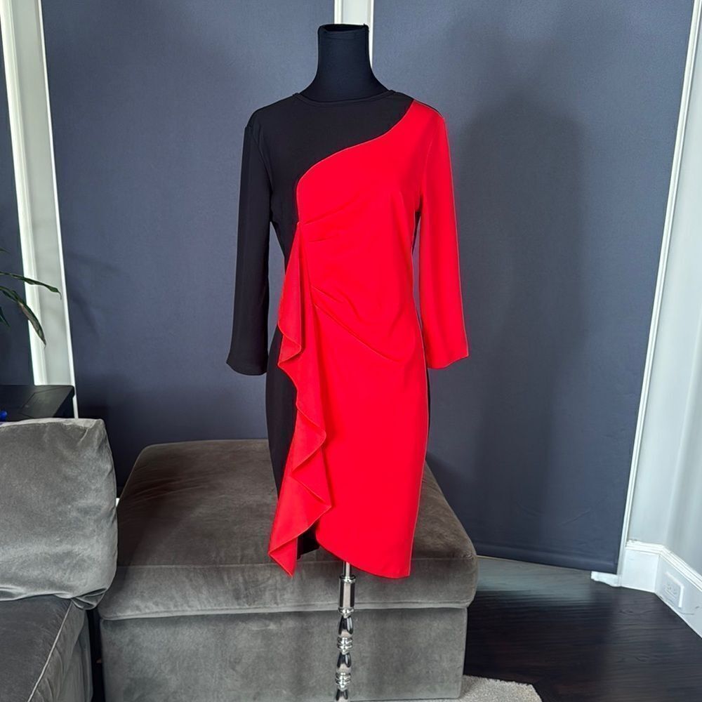 Womens Black & Red Asymmetrical Ruffled Front Midi Dress 3/4 Sleeve Size 3XL NEW